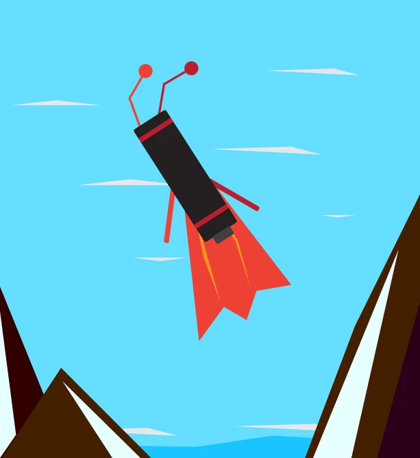 a red and black rocket flying over a mountain, vector art, naive art, crash landing, high angle close up shot, jetpack, full device