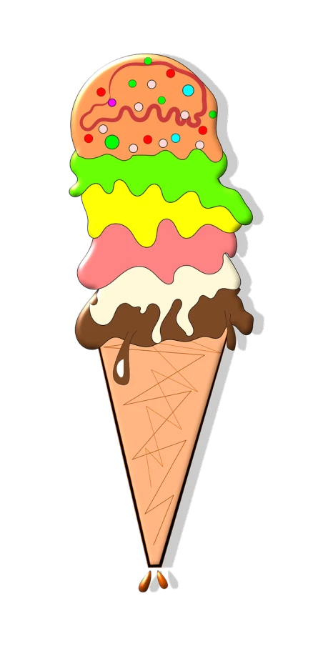 an ice cream cone with different toppings on it, by Matthias Stom, pixabay, pop art, black backround. inkscape, cell shaded adult animation, ( 3 1, gooey skin