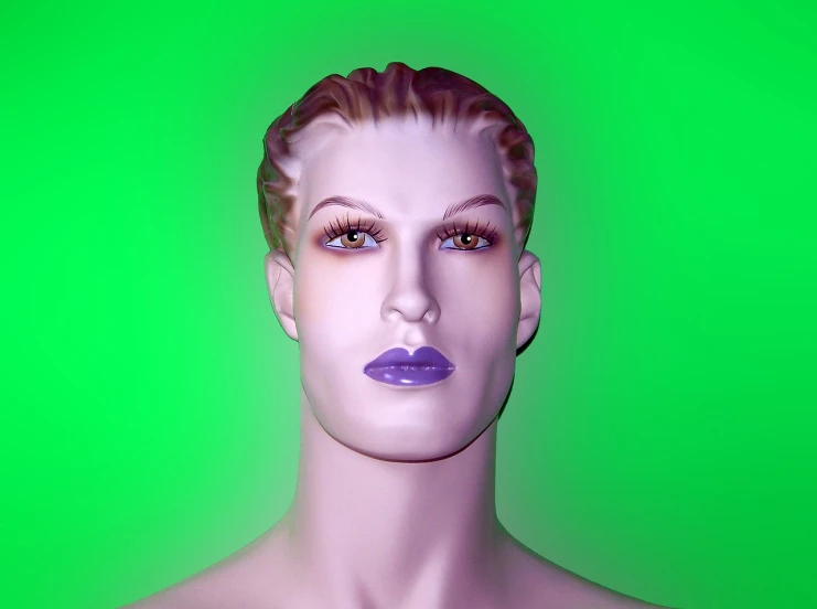 a close up of a mannequin head on a green background, a raytraced image, inspired by Rudolf Hausner, flickr, beautiful young man, purple and green colors, supermodel! face!, 90s make-up