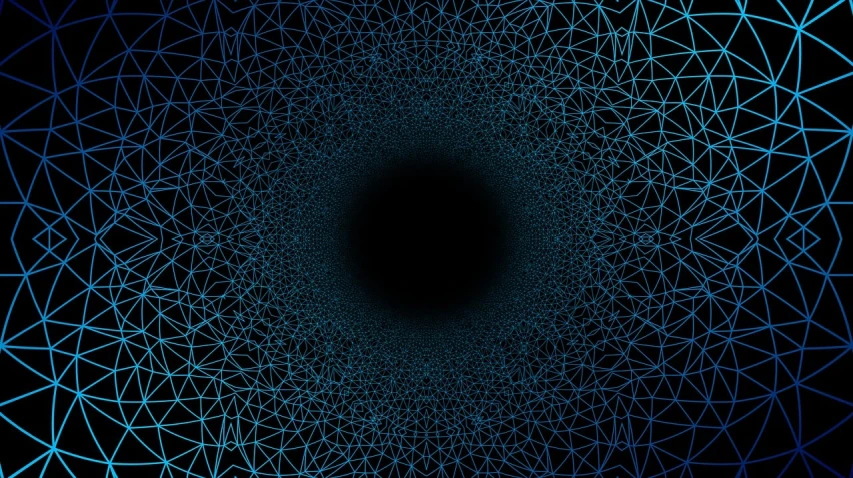 a blue circular design on a black background, shutterstock, abstract illusionism, infinite fractal mandala tunnel, grid and web, coming out of a black hole, endless