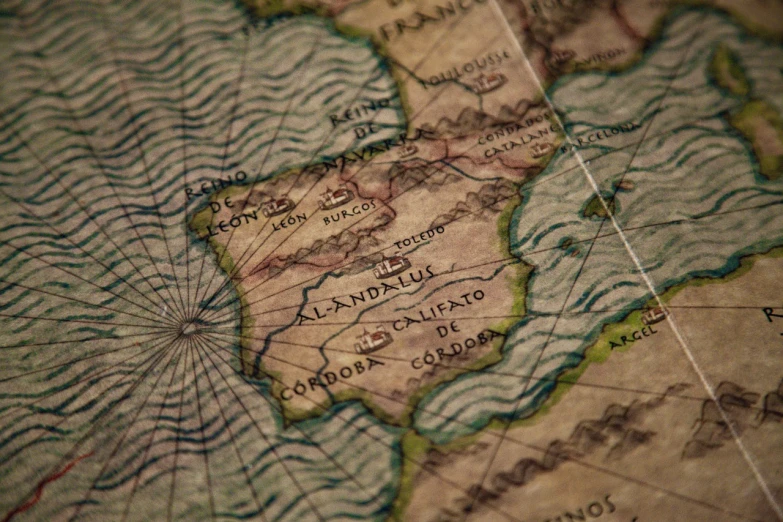 a close up of a map of the world, by Juan Giménez, flickr, renaissance, colombia, looking sideways, an ancient land, spain