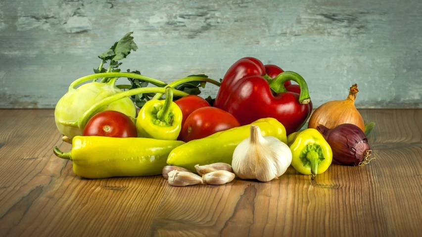 a bunch of vegetables sitting on top of a wooden table, a picture, by Juan O'Gorman, pixabay, fantastic realism, red green yellow color scheme, high quality product image”, avatar image, green blue red colors