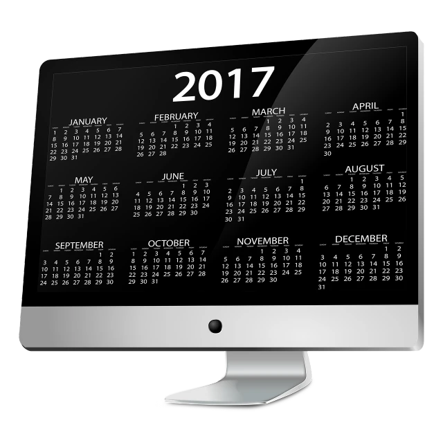 a desktop computer with a calendar on the screen, by Andrei Kolkoutine, pixabay, computer art, 2 0 1 7, aluminium, black, celebration