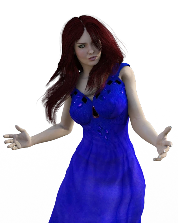 a 3d image of a woman in a blue dress, a 3D render, inspired by Anne Stokes, deviantart contest winner, renaissance, scary angry pose, young redhead girl in motion, hands behind her body pose!, haunted expression