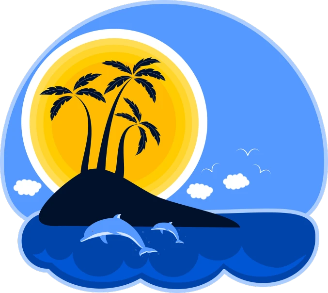 an island with two palm trees and two dolphins, vector art, by Bob Singer, romanticism, on a flat color black background, summer sun, flat 2 d vector art, many islands