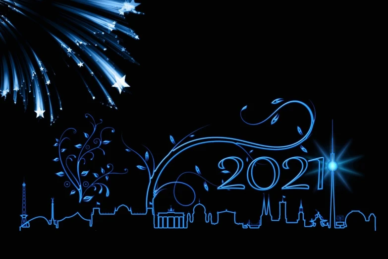 a picture of a city with fireworks in the sky, concept art, by Elena Guro, shutterstock, black and blue color scheme, clematis theme banner, 2 0 2 1, electric vines and swirls