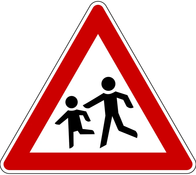 a red and white sign with a picture of a man and a child, pixabay, antipodeans, traffic signs, school class, dark bg, people running in fear
