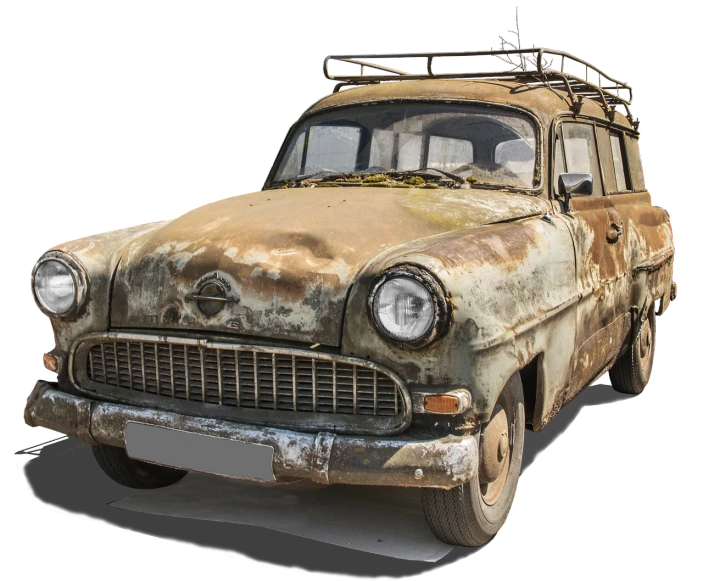 an old rusty car parked on the side of the road, by Ludwik Konarzewski, pixabay contest winner, photorealism, on clear background, on black background, octane render h 1024, restoration