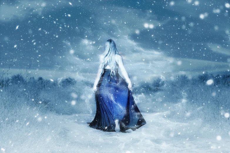 a woman that is standing in the snow, shutterstock, fantasy art, back, wearing a blue dress, with white long hair, on a dark winter's day