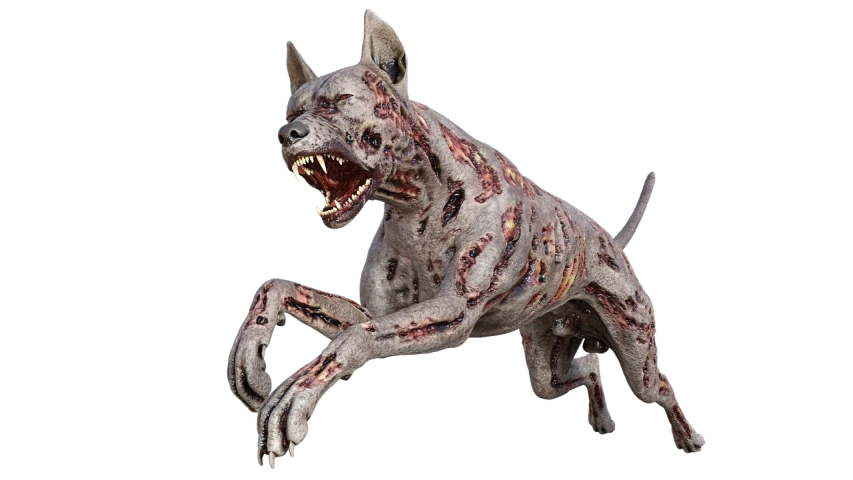 a close up of a dog on a black background, a digital rendering, featured on zbrush central, butcher angry rotting zombie, scp 3008, quadruped, 3/4 view realistic