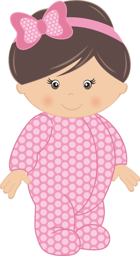 a baby girl in a pink polka dot romper, a digital rendering, pixabay, mingei, woman with black hair, harry volk clip art style, with a black dark background, patchwork doll