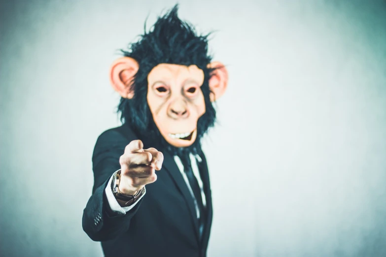 a monkey in a suit pointing at the camera, a stock photo, striking artistic concept, ready for a meeting, white man with black fabric mask, high resolution details