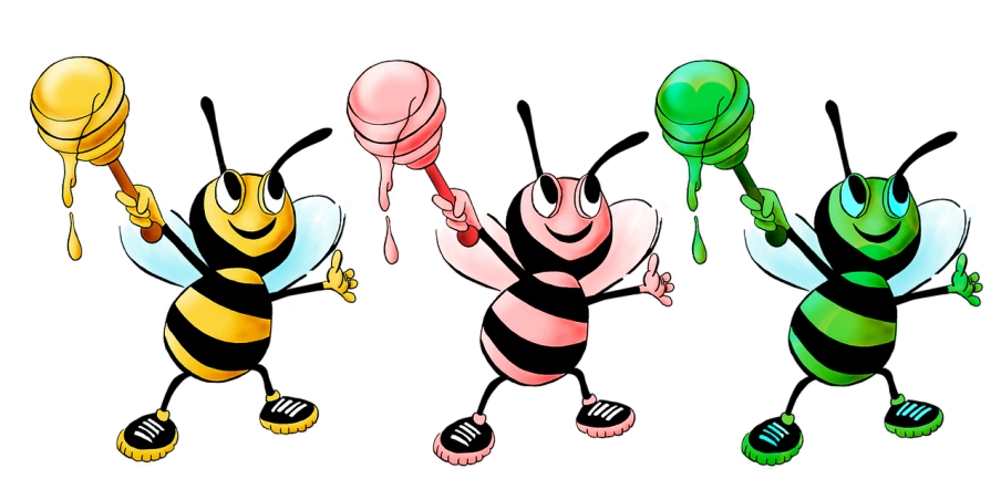 a group of cartoon characters standing next to each other, inspired by Luigi Kasimir, digital art, bees, candy colors, honey dripping, with a black background