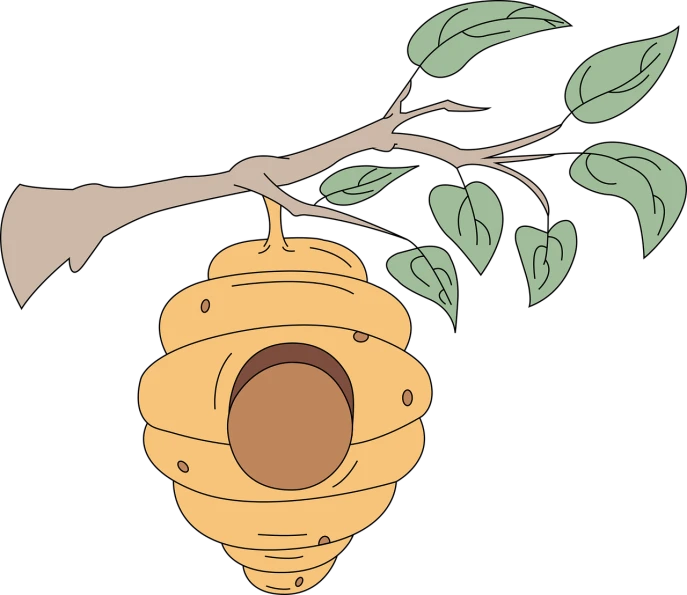 a beehive hanging from a tree branch, an illustration of, inspired by Will Barnet, conceptual art, wikihow illustration, on black background, beehive interior backgrounds, cad