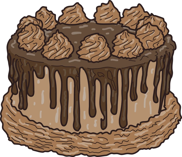 a chocolate cake with icing and icing drizzles, inspired by Nyuju Stumpy Brown, pixabay, conceptual art, woodcut style, black and brown colors, some wrinkled, gif