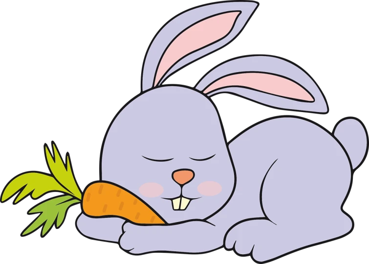 a cartoon rabbit with a carrot in its mouth, pixabay, sōsaku hanga, asleep, on a flat color black background, group photo, wikihow illustration