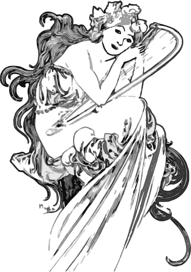 a black and white drawing of a woman in a dress, inspired by Alfonse Mucha, deviantart, art nouveau, brunette fairy woman stretching, wikimedia commons, transparent glass woman, logo without text