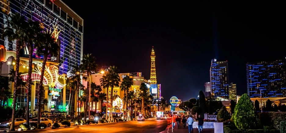 a city street at night with the eiffel tower in the background, by Douglas Shuler, pexels, las vegas strip, neon lights lots of trees, stock image, usa-sep 20