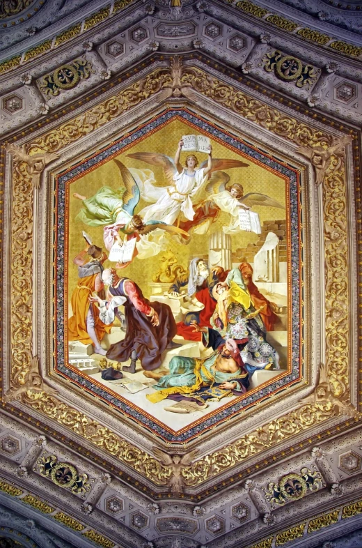 a painting on the ceiling of a building, by Cagnaccio di San Pietro, art style of noel coypel, award winning masterpiece photo, holy ceremony, crazy angle