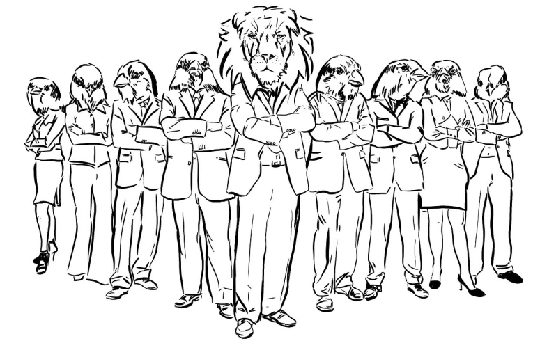 a black and white drawing of a group of people, inspired by Charles Dana Gibson, cg society, 2 d full body lion, wearing a strict business suit, no - text no - logo, coloring book outline