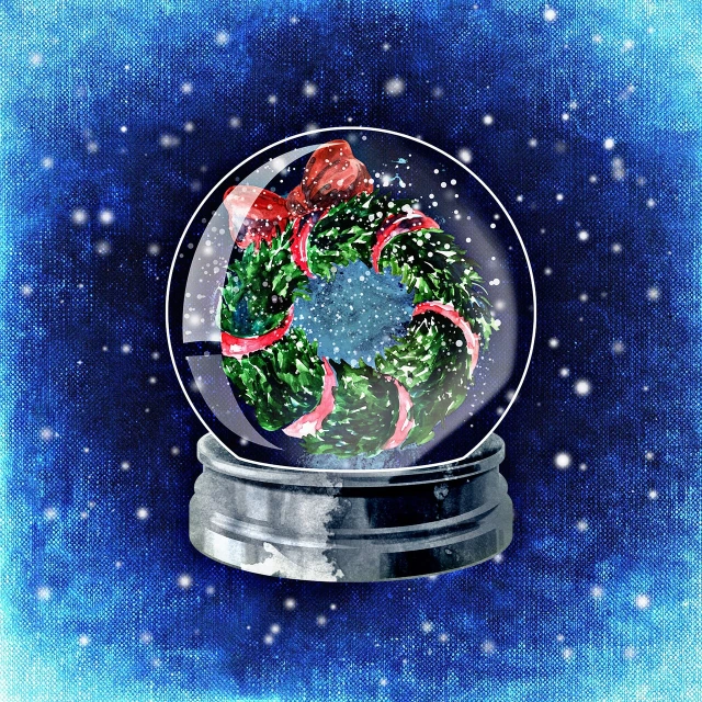 a snow globe with a christmas wreath inside of it, a digital painting, digital art, the cytoplasm”, card, tire, lowres
