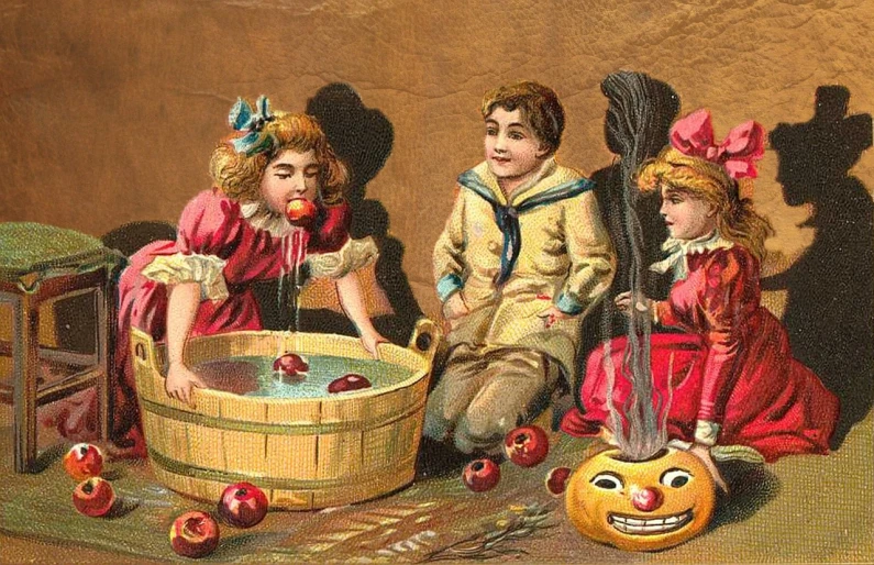 a painting of three children playing with apples, a digital rendering, by John Ellsworth Weis, shutterstock, vanitas, beistle halloween decor, bleeding in the bath, the front of a trading card, late 1 9 th century