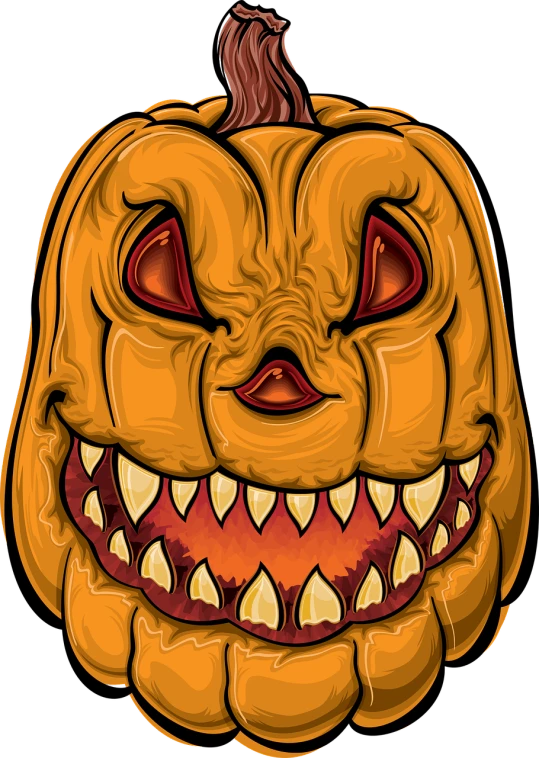 a cartoon pumpkin with a big grin on it's face, vector art, inspired by Patrick Brown, shutterstock, digital art, detailed 4k horror artwork, colored illustration for tattoo, mad magazine illustration, lurking in the darkness