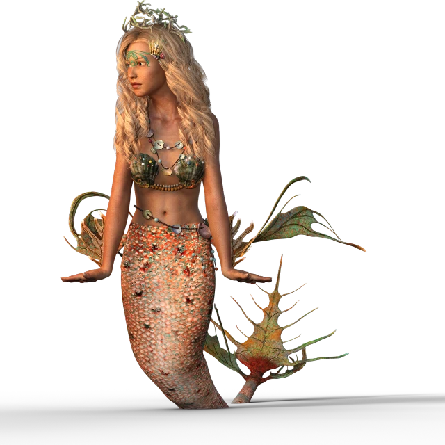 a woman in a mermaid costume holding a fish, a digital rendering, by Robert Medley, zbrush central contest winner, glitter accents on figure, high quality fantasy stock photo, ultra realistic fantasy tiara, 3/4 view realistic