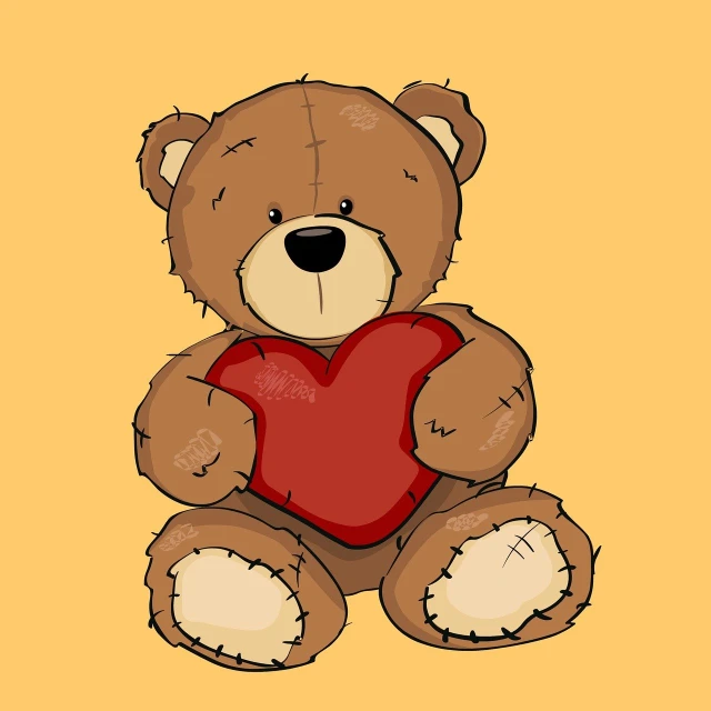 a brown teddy bear holding a red heart, vector art, pop art, on a pale background, full res, yellow, plush