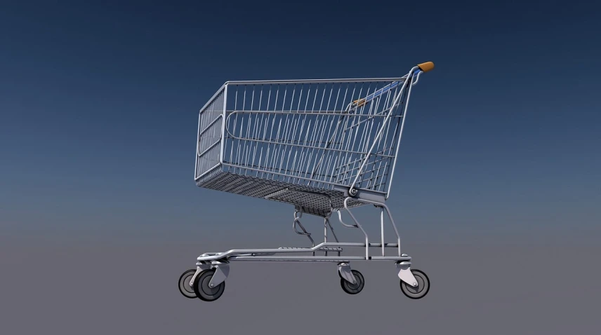 a shopping cart in the air with a blue sky in the background, by Artur Tarnowski, zbrush central, hyperrealism, 3 ds max, sam weber, highly detailed model, at night