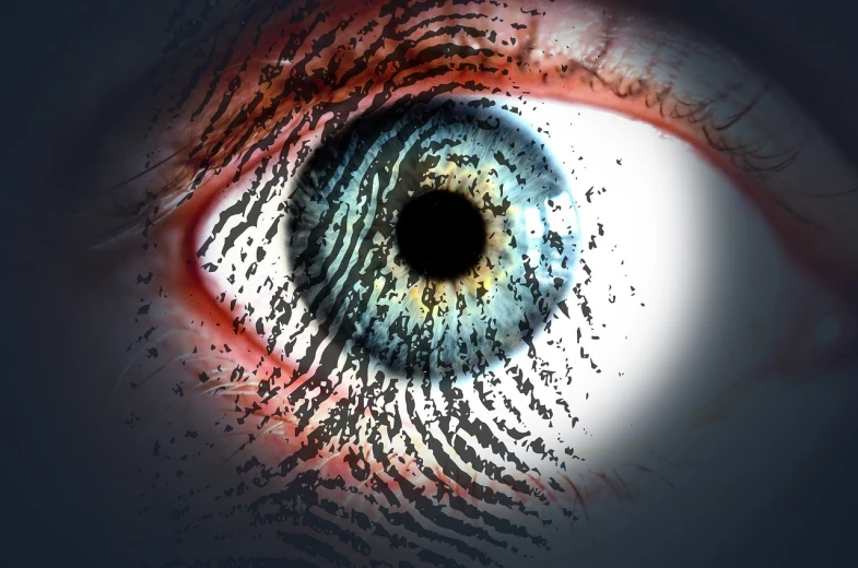 a close up of a person's eye with a fingerprint on it, an illustration of, by Jon Coffelt, pixabay, bright microscopic view realism, sharp focus illustration