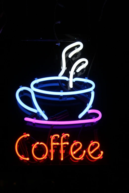 a neon sign with a cup of coffee on it, by Andrei Kolkoutine, flickr, black neon lights, 4 colors!!!, (smoke), ham