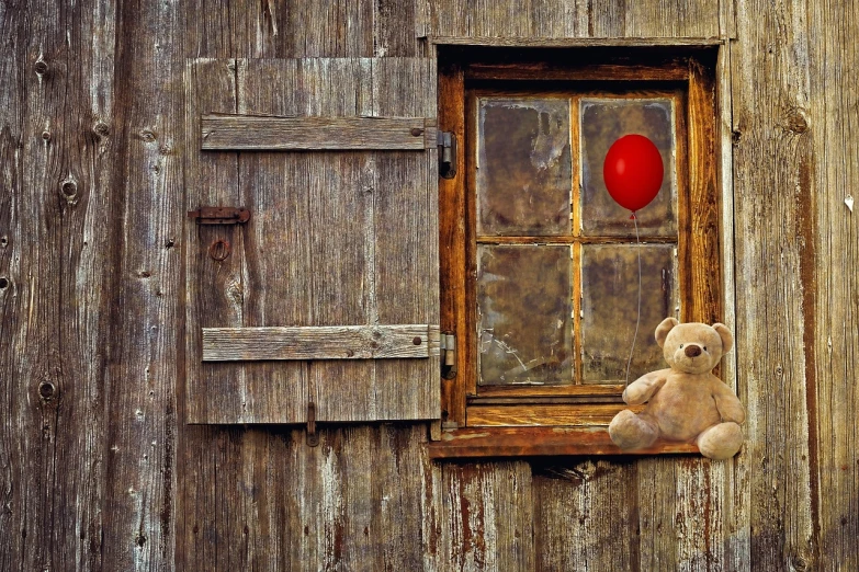 a teddy bear that is sitting in front of a window, a picture, by Alison Geissler, pixabay contest winner, balloon, next to a red barn, rustic and weathered, windows xp wallpaper