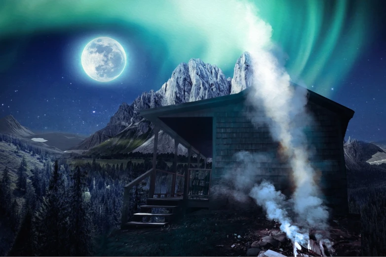 a cabin with a full moon in the background, a matte painting, digital art, magic smoke everywhere, infused with aurora borealis, digital collage, mountainside