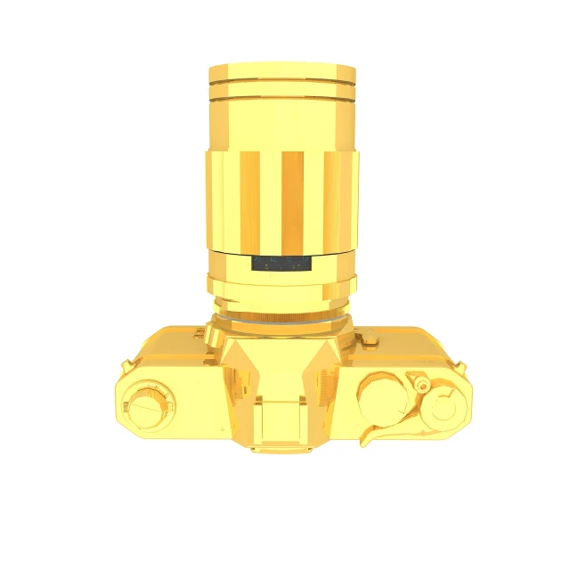a yellow fire hydrant on a white background, a low poly render, art deco, anamorphic lenses 2 4 mm, gold plated, bottom view, yellow mecha keetongu bionicle