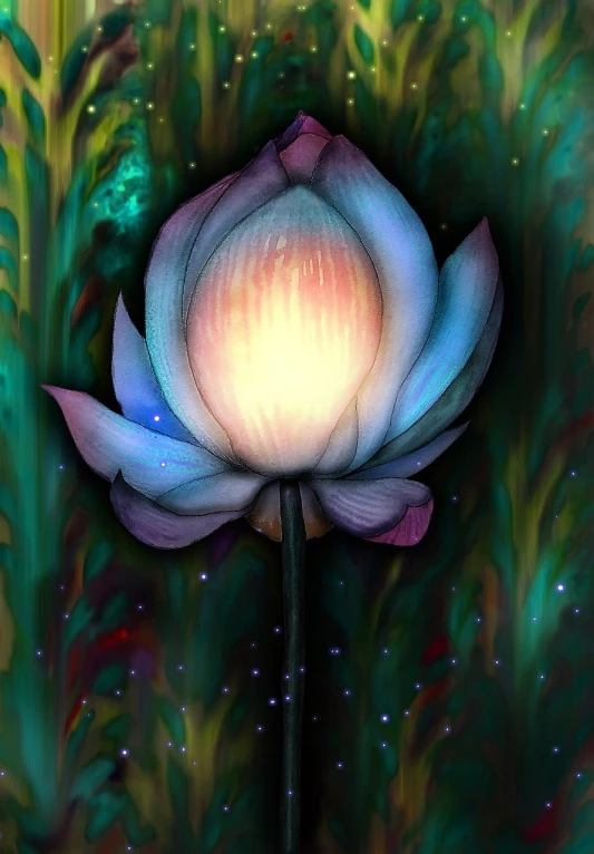 a digital painting of a flower in a field, inspired by Georges Lacombe, deviantart, art nouveau, standing gracefully upon a lotus, calm night. digital illustration, iridescence, a beautiful artwork illustration
