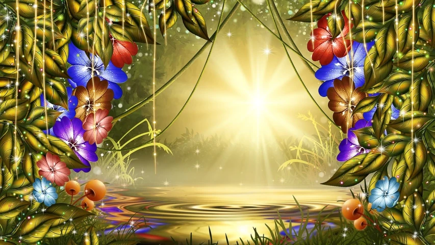 a picture of a jungle with flowers and plants, a digital rendering, digital art, sun rays shine through the water, golden background with flowers, jungle vines and fireflies, stage background