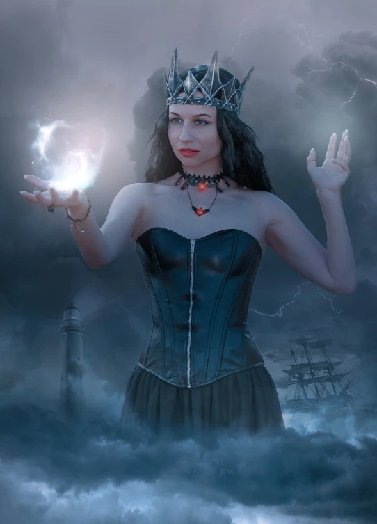 a woman in a corset holding a crystal ball, digital art, real photoshoot queen of oceans, lightning fantasy magic, wearing dark maritime clothing, with a crown