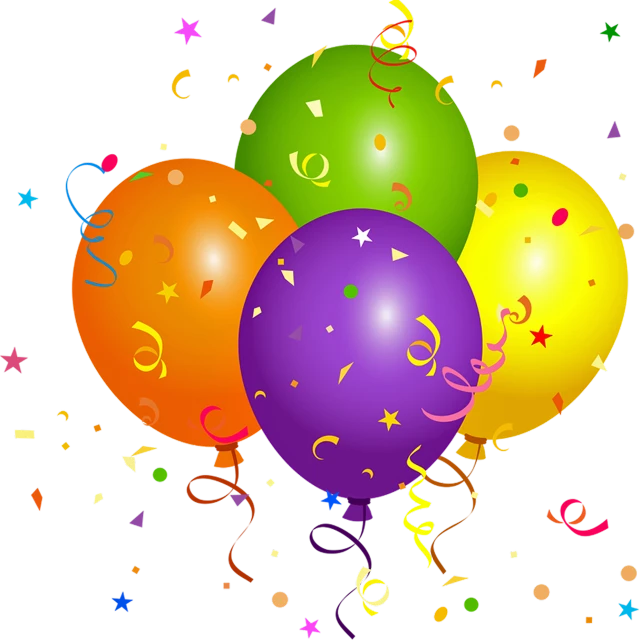 a bunch of balloons with streamers and confetti, a picture, by Helen Berman, shutterstock, clip-art, with a black background, !!!!!!!!!!!!!!!!!!!!!!!!!, scientific depiction