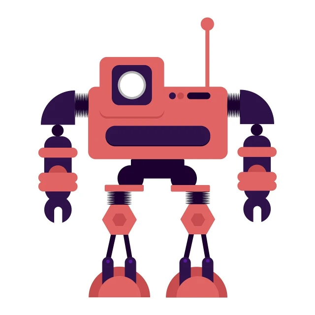 a robot with a wrench in its hand, inspired by Ivan Generalić, constructivism, retro pink synthwave style, flat color, tank with legs, isolated on white background