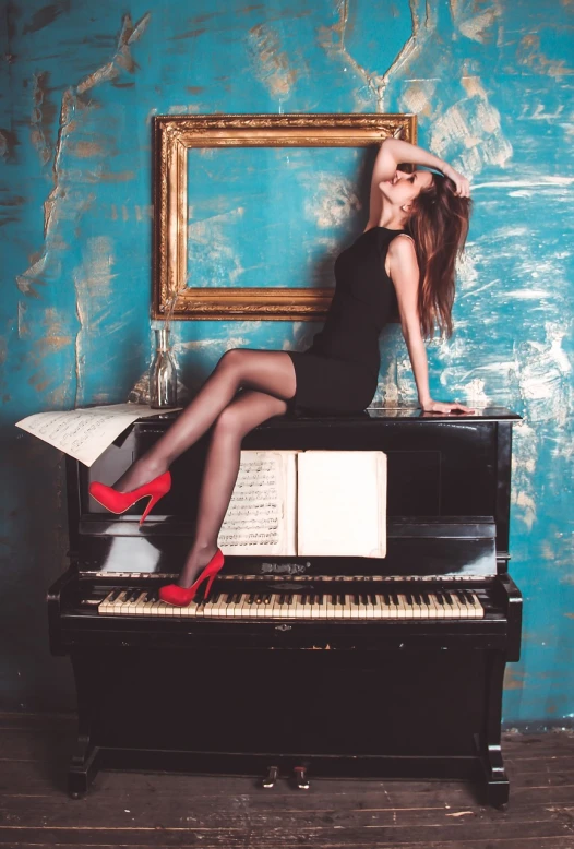 a woman sitting on top of a piano, by Elena Guro, aestheticism, red high heel pumps, attractive girl, 💣 💥, wallpaper - 1 0 2 4