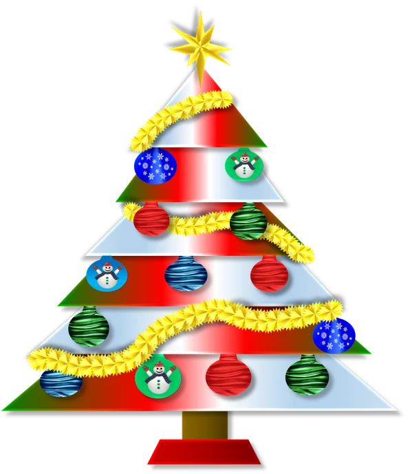 a christmas tree decorated with ornaments and a star, a digital rendering, inspired by Ernest William Christmas, naive art, colors red white blue and black, red black white golden colors, beginner, information