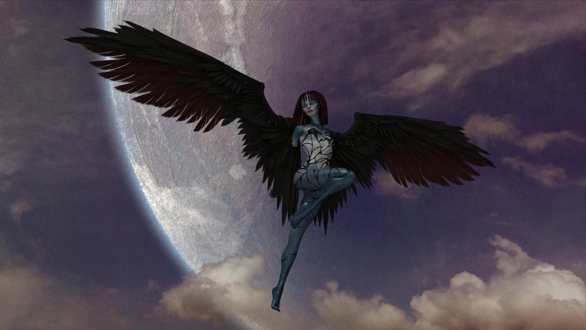 an image of a woman flying in the sky, inspired by Wayne Barlowe, zbrush central contest winner, raven winged female vampire, second life avatar, full body shot close up, gaint black moon