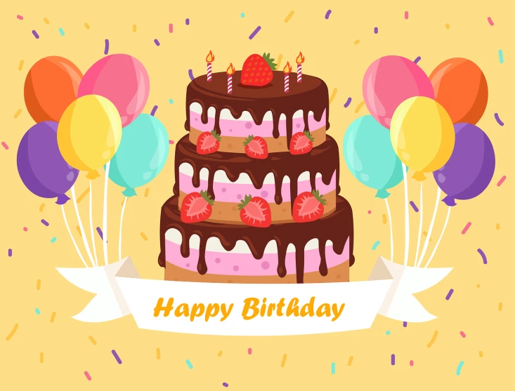 a birthday cake surrounded by balloons and confetti, a picture, shutterstock, flat vector art, poster template on canva, illutstration, food