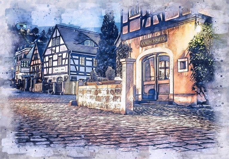 a watercolor painting of a building on a cobblestone street, a watercolor painting, by Maler Müller, pixabay contest winner, digital art, post processed denoised, english village, germany. wide shot, stylized photo