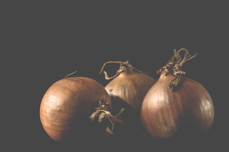 three onions sitting next to each other on a table, a still life, by Harold von Schmidt, pexels, renaissance, dark earthy colours, ( low key light ), isolated on white background, caravaggesque style