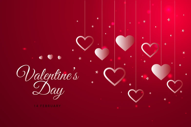 a valentine's day background with hearts hanging from strings, vector art, shutterstock, digital art, deep red background, background image, subtle detailing, realistic 3 d style