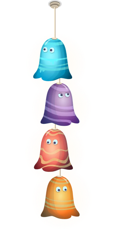 three hats with eyes sitting on top of each other, concept art, inspired by Luigi Kasimir, wind chimes, made of lollypops, irridescent ghostly, psd spritesheet