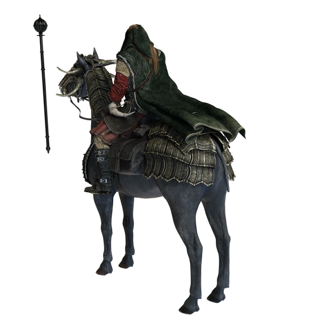 a man riding on the back of a black horse, inspired by Kanō Hōgai, polycount contest winner, sōsaku hanga, ornate dark green clothing, ingame image, super detailed picture, red hooded mage