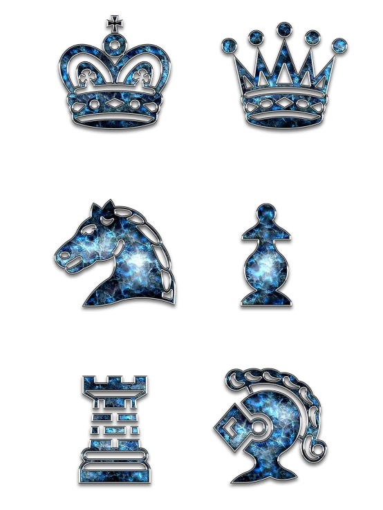 a number of different designs on a black background, digital art, digital art, knight chess, sapphires, unique silhouettes, ice blue